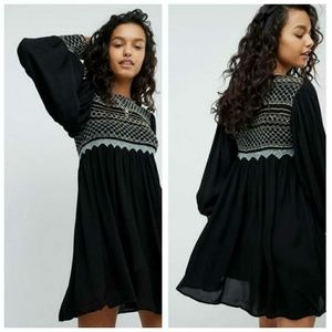 🆕 Free People Long Sleeve Black Dress. Smocked & Embroidery Detailed. NWT